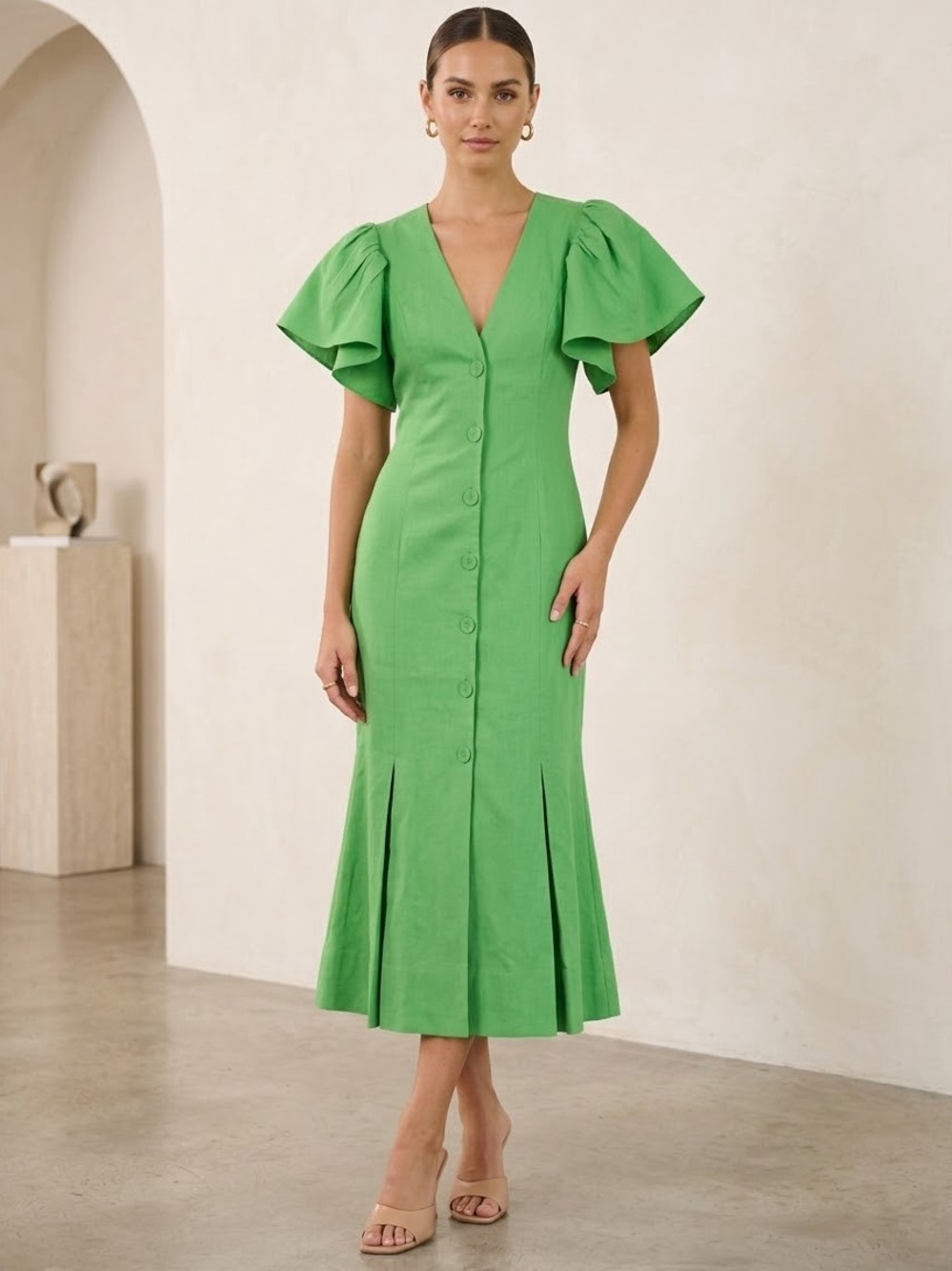 NICHOLAS Bright Green Button-Front Midi Dress with Flutter Sleeves